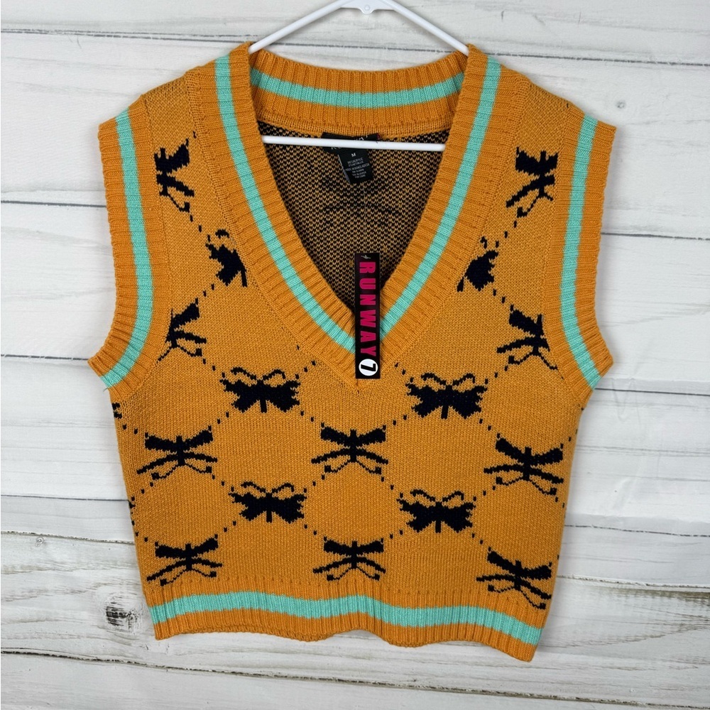 Runway Women's V-Neck Sweater Vest - Gold with Black and Teal Patterns